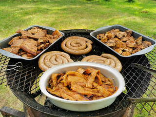 Grilled sausage, chicken and pork