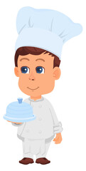 Chef kid. Boy serving dish. Smiling cartoon character