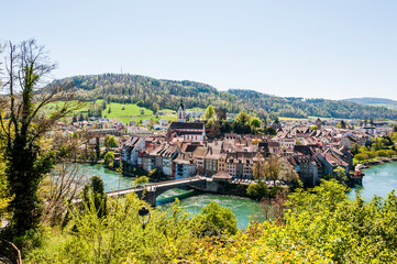 Laufenburg, Schlossberg, Kirche, St. Johann, Altstadt, Altstadthäuser,  Ruine, Laufenbrücke, Rhein, Rheinufer, Uferweg, Frühling, Schweiz, Deutschland