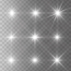 Set of glowing light stars on a transparent background. Transparent shining sun, star explodes and bright flash. White bright illustration starburst. 