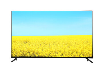 Modern wide screen TV monitor showing field with blossoming yellow flowers and blue sky isolated on...