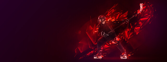 Young man, professional hockey player in protective uniform training isolated on dark background polygonal, fluid neon elements. Concept of sport