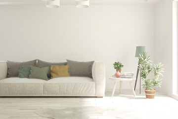 White living room with sofa. Scandinavian interior design. 3D illustration