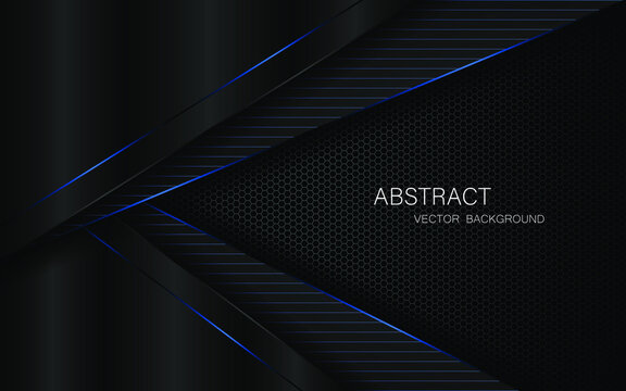 Abstract black polygon with blue glow lines on dark steel mesh background and free space for design.
