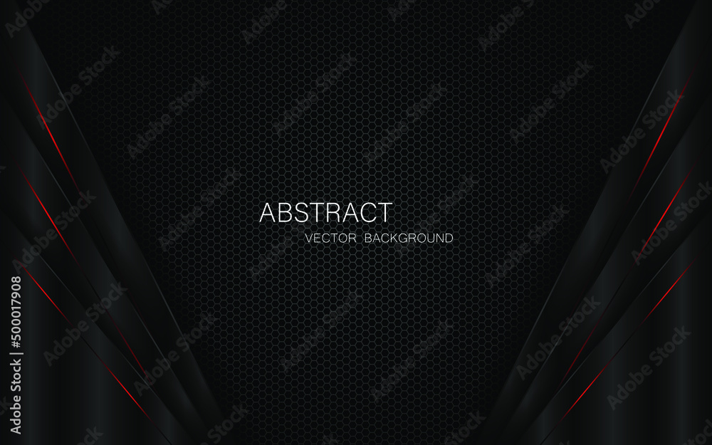 Poster abstract black polygon with red glowing lines on dark steel mesh background and free space for desig