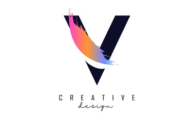 Letter V logo with rainbow brush stroke and creative cut.