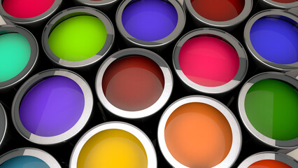 3d rendering, Close up opened paint colors cans, display colorful palette for background.