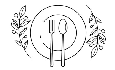 Cutlery fork spoon and plate with plants. vector sketch. hand drawing isolated