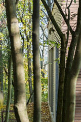 Detal architektoniczny na fragment elewacji domu jednorodzinnego wykonanego z drewna wśród drzew.