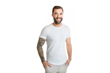 Fototapeta premium portrait of casual young man with beard and tattoo on white background