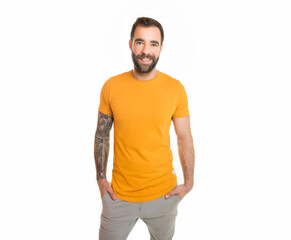 Fototapeta premium portrait of casual young man with beard and tattoo and Burnt Orange shirt on white background