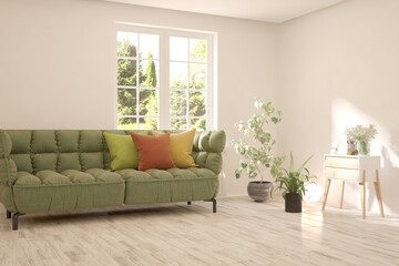 Minimalist living room in white color with sofa and summer landscape in window. Scandinavian interior design. 3D illustration