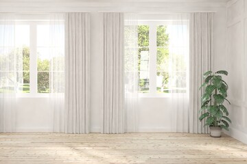 White empty room with summer landscape in window. Scandinavian interior design. 3D illustration