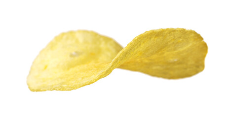 Single potato chip isolated on white background.