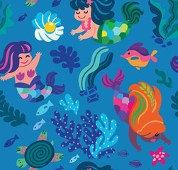 Fototapeta na wymiar Cute little mermaids seamless pattern. Vector illustration