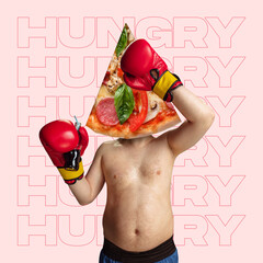 Contemporary art collage. Shirtless fat man with giant pizza head, wearing boxing gloves isolated...