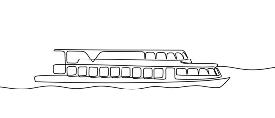 Tour boat in continuous line art drawing style. Water taxi minimalist black linear design isolated on white background. Vector illustration