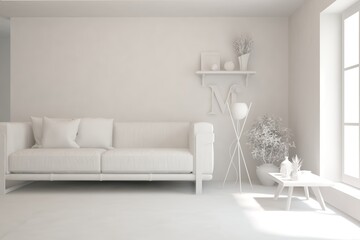 Mock up of stylish room in white color with sofa. Scandinavian interior design. 3D illustration