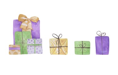 Set of colorful gift boxes isolated on a white background. Watercolor present collection. Hand-drawn Christmas gifts clipart. Holiday decorations. Purple, green, and blue wrapped boxes with cute bows.