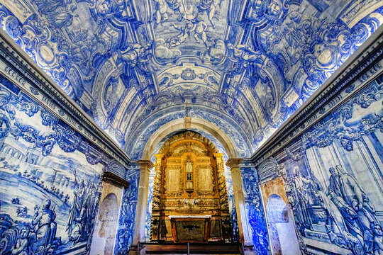 Setubal, Portugal &ndash; September 27, 2020:       .Blue Azulejos in Sao Filipe castle Chapel, Setubal, Lisbon Coast, Portugal