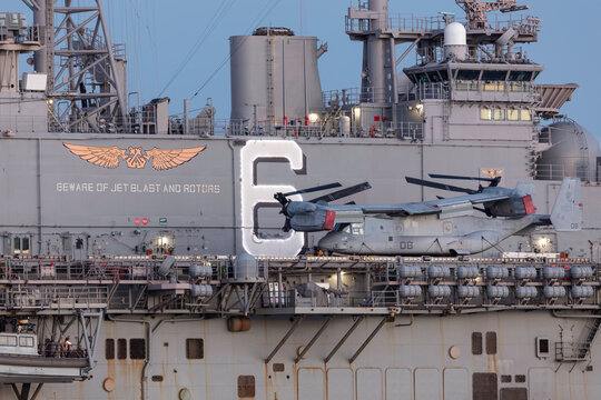 Melbourne, Australia - August 30, 2017: Bell Boeing MV-22 Osprey tilt rotor aircraft from the United States Marine Corps  on the deck of Untied States Navy Wasp ship the USS Bonhomme Richard.