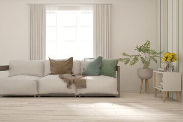 White living room with sofa. Scandinavian interior design. 3D illustration