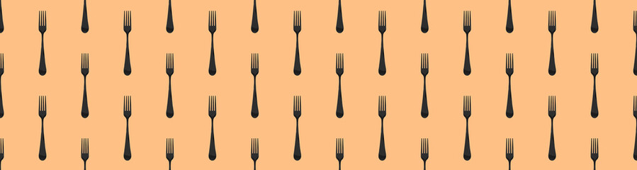 Seamless pattern. Fork top view on yello orang background. Template for applying to surface. Flat lay. Banner for insertion into site. 3D image. 3D rendering.