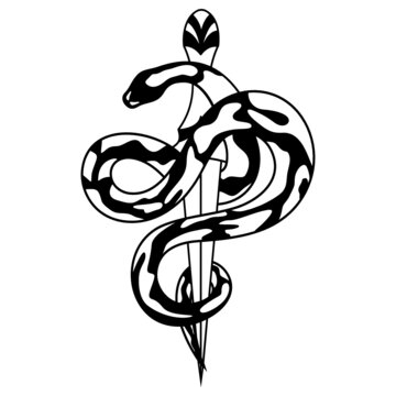 Ball python and dagger laser cut file for cut, Black silhouette snake and sword, Serpent vector illustration