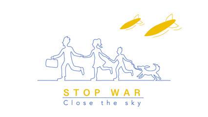 Ukrainian refugees escaped from a war. Vector illustration of evacuation from Ukraine. Stop war. Close the sky.