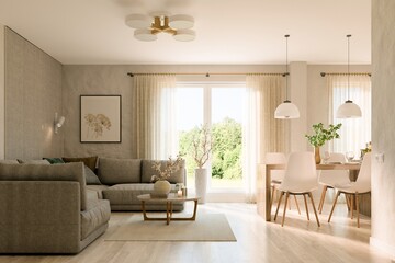 Modern minimalist living room with sofa and dinner table. Scandinavian interior design. 3D illustration