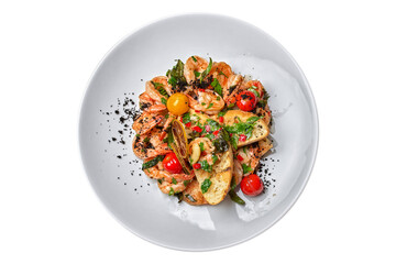 Fried shrimp in tomato sauce, on a white plate, isolate on white