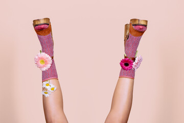 Anonymous bride with flowers on shoes