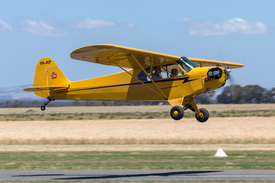 Lethbridge, Australia - November 23, 2014: Piper J-3L-65 Cub single engine light aircraft VH-JCP.