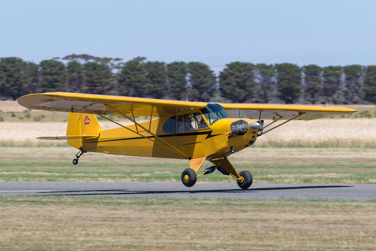 Lethbridge, Australia - November 23, 2014: Piper J-3L-65 Cub single engine light aircraft VH-JCP.