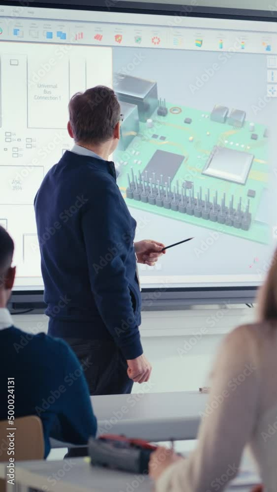 Poster male teacher standing near digital interactive whiteboard and talk to group of diverse students abou