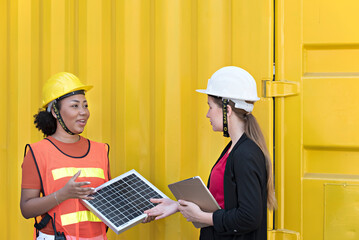 Female engineer is presenting solar panel to a female customer. 