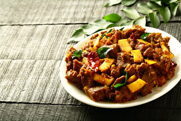 Mutton fry- homemade meat fried with spices and herbs, Kerala recipes.