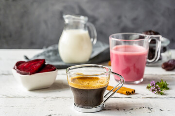 Healthy and tasty beetroot latte and espresso with basic ingredients