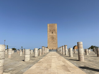 Panoramic view of hassan tower mosque on a sunny day - obrazy, fototapety, plakaty
