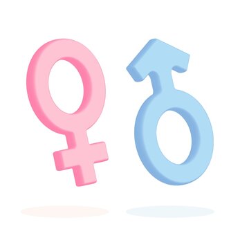 Female and Male symbol icons on white background. 3d render vector. Gender symbols. Sexual symbols. Minimalist concept. Blue and pink signs of couple
