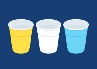 Party cup isolated on blue background, vector illustration. Yellow, White and Blue beer cup vector. Beer pong.