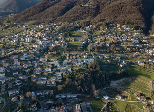 Aerial view of Vacallo, Morbio, Mendrisiotto, Chiasso, Balerna, Ticino, Switzerland