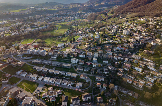 Aerial view of Vacallo, Morbio, Mendrisiotto, Chiasso, Balerna, Ticino, Switzerland