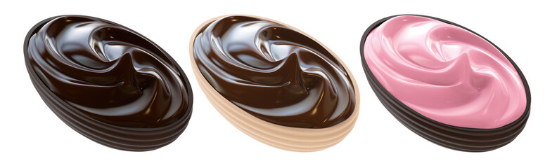 Easter egg filled with tasty chocolate with filling. isolated on white background. 3d illustration.