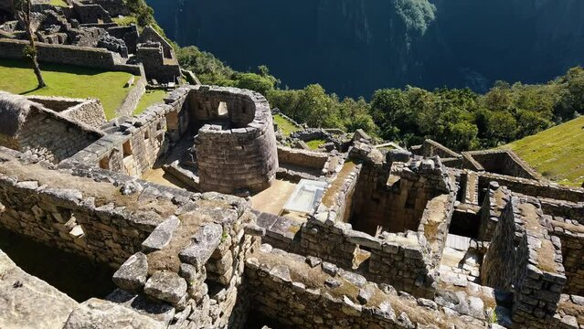 Urban terraces in Machu Picchu, Peru. Move Through Ancient Building Ruins.