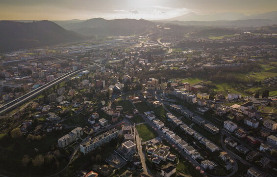 Aerial view of Vacallo, Morbio, Mendrisiotto, Chiasso, Balerna, Ticino, Switzerland, at sunset