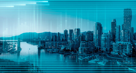 Futuristic City Building Skyline. Aerial Cityscape. Blue Color. Background from Downtown Vancouver, BC, Canada.