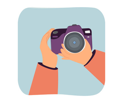 Hands holding camera flat vector illustration. Photographer taking photo or picture of people or landscapes. Hobby, photography, occupation concept for banner, website design or landing web page