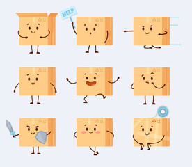 Smiling cardboard box cartoon character vector illustrations set. Cute open and closed comic packages, funny package with face isolated on grey background. Delivery service, warehouse concept