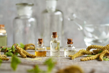 Bottles of aromatherapy essential oil with fresh birch branches